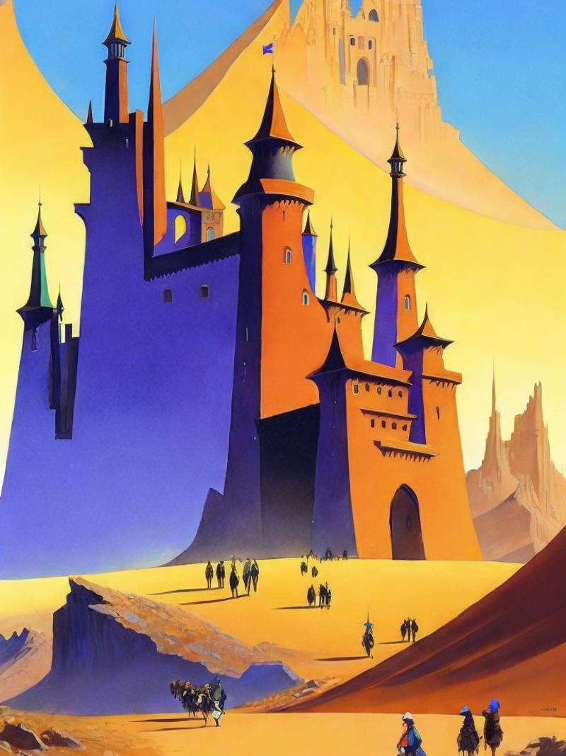 00804-1473299061-a painting of a castle in the middle of a desert with people walking around it by Ralph Bakshi.png